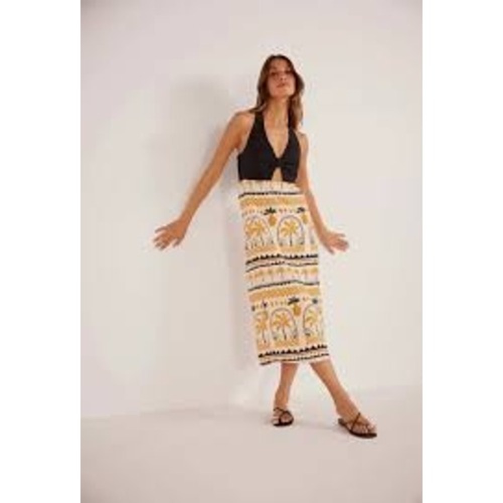 MINKPINK Hestia Halter Neck Midi Dress S Tropical Palm Cutout Linen Blend